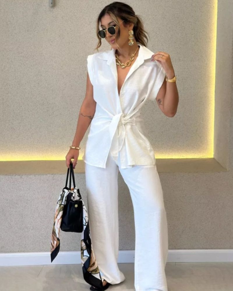 IVELE - Elegant Sleeveless Blouse and High Waisted Pants Set